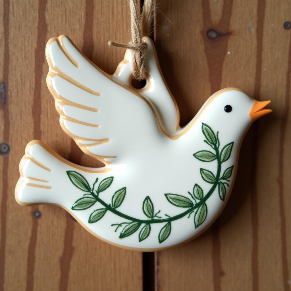  good quality, high quality, a hand painted ceramic ornament of a dove with an olive branch, symbolizing peace, hanging against a wooden backdrop. no people.