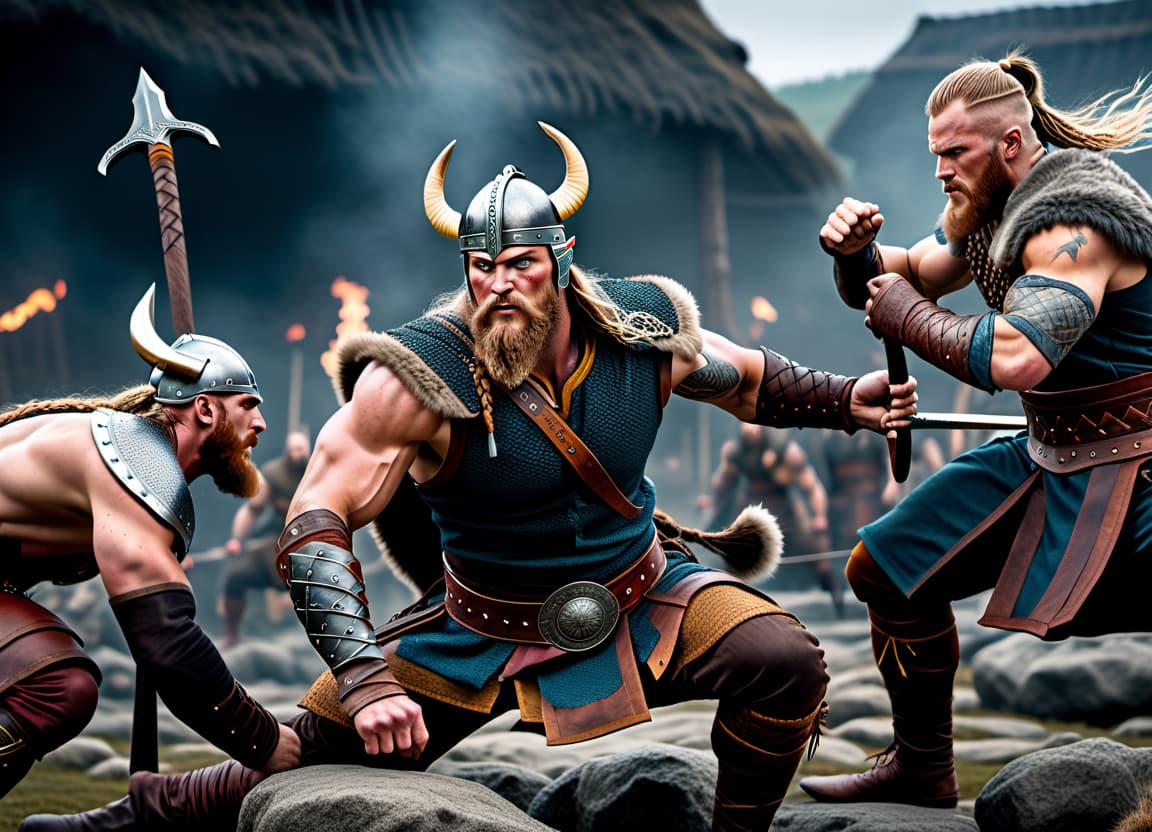  fighting game style Vikings fight. . dynamic, vibrant, action packed, detailed character design, reminiscent of fighting video games hyperrealistic, full body, detailed clothing, highly detailed, cinematic lighting, stunningly beautiful, intricate, sharp focus, f/1. 8, 85mm, (centered image composition), (professionally color graded), ((bright soft diffused light)), volumetric fog, trending on instagram, trending on tumblr, HDR 4K, 8K