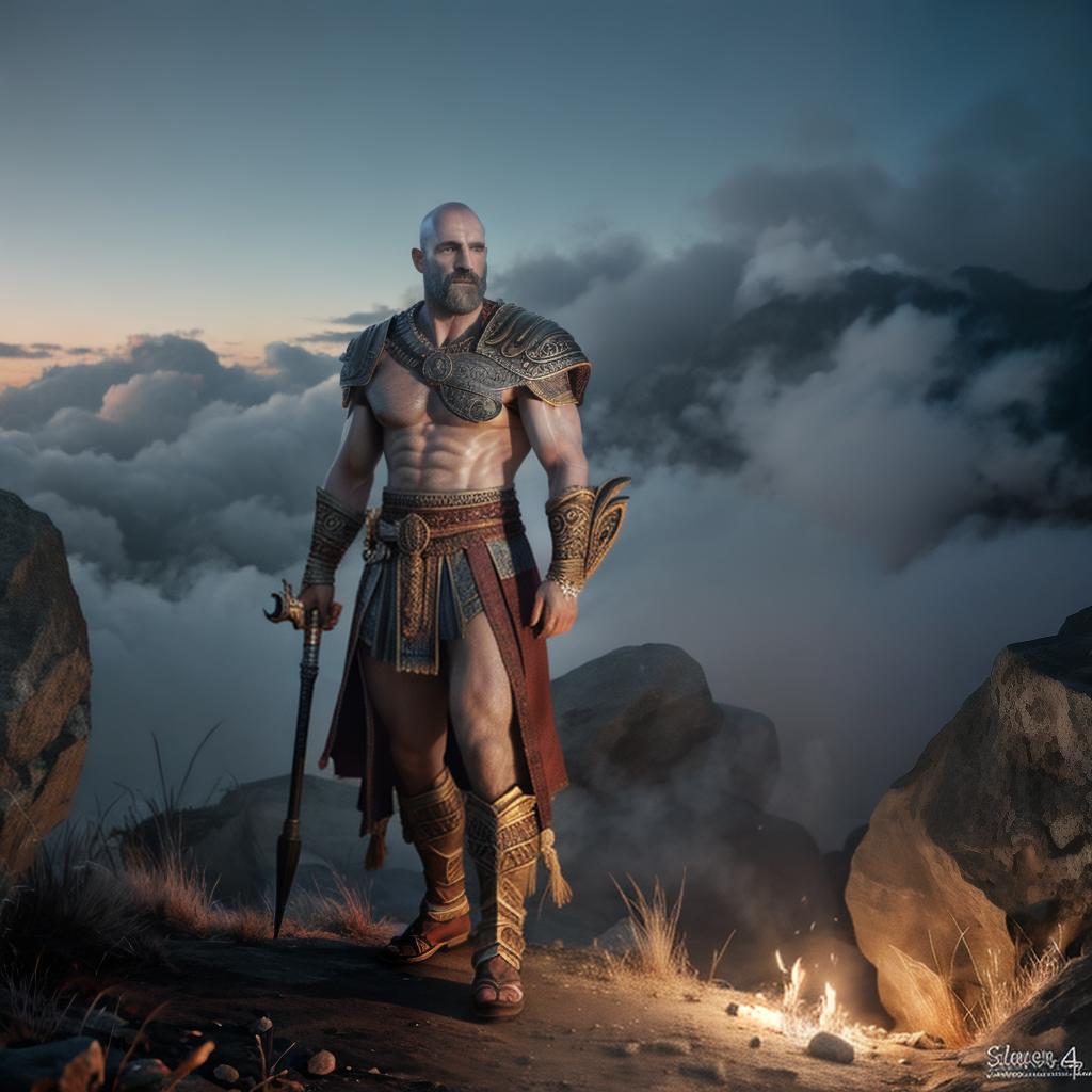  God of war hyperrealistic, full body, detailed clothing, highly detailed, cinematic lighting, stunningly beautiful, intricate, sharp focus, f/1. 8, 85mm, (centered image composition), (professionally color graded), ((bright soft diffused light)), volumetric fog, trending on instagram, trending on tumblr, HDR 4K, 8K