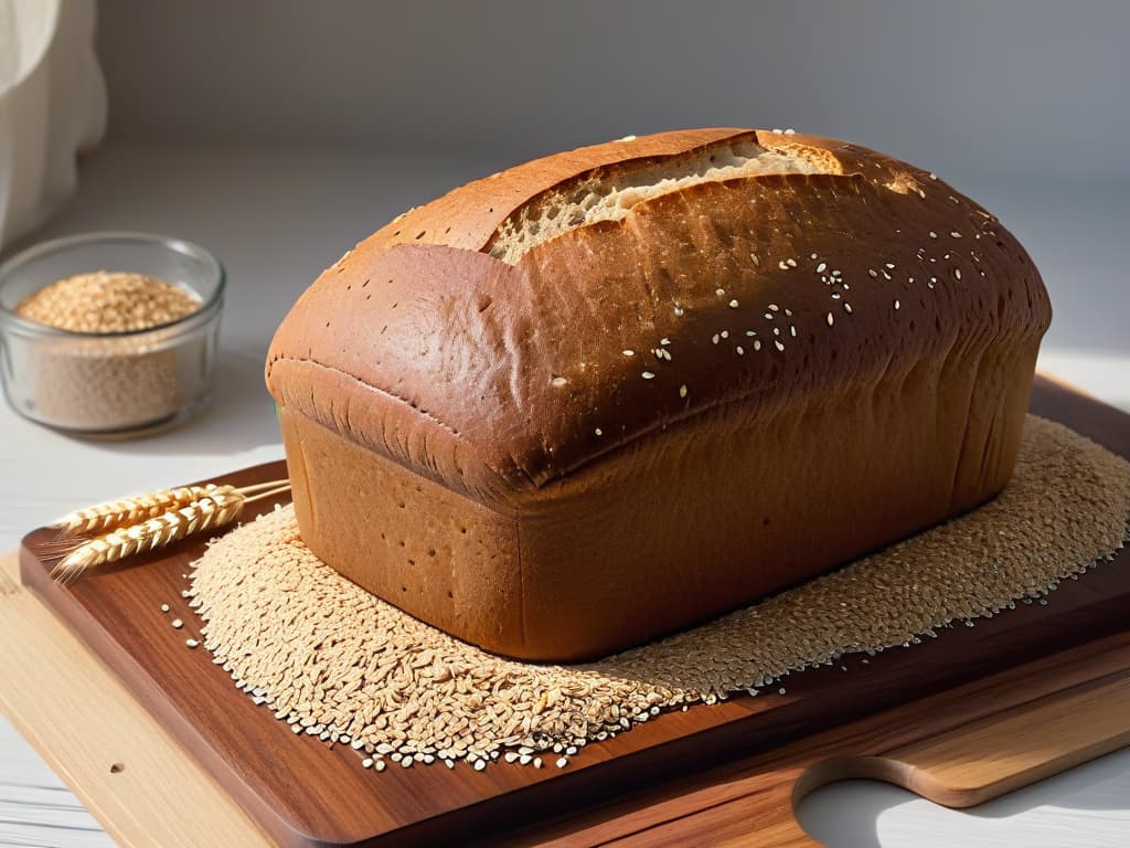  A serene and minimalistic image of a freshly baked loaf of rye bread, perfectly goldenbrown with a rustic crust, resting on a wooden cutting board next to a scattering of whole rye grains. The lighting is soft, highlighting the texture of the bread and creating a warm, inviting atmosphere. hyperrealistic, full body, detailed clothing, highly detailed, cinematic lighting, stunningly beautiful, intricate, sharp focus, f/1. 8, 85mm, (centered image composition), (professionally color graded), ((bright soft diffused light)), volumetric fog, trending on instagram, trending on tumblr, HDR 4K, 8K