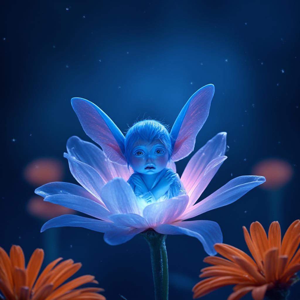  good quality, high quality, a small blue fairy with large ears sitting inside a glowing translucent flower, with a dark blue background and orange flowers in the foreground, the fairy is glowing with blue light, the flower is glowing with pink and purple light. the background is full of small white stars. the fairy has a sad expression. the image should be in a realistic style.