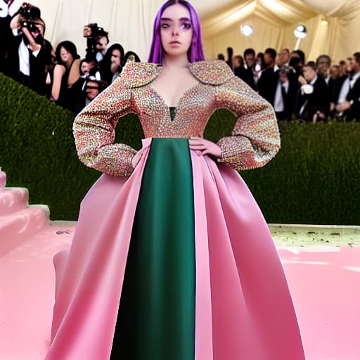  imagina a Billie eilish en la met gala con un vestido primeral hyperrealistic, full body, detailed clothing, highly detailed, cinematic lighting, stunningly beautiful, intricate, sharp focus, f/1. 8, 85mm, (centered image composition), (professionally color graded), ((bright soft diffused light)), volumetric fog, trending on instagram, trending on tumblr, HDR 4K, 8K