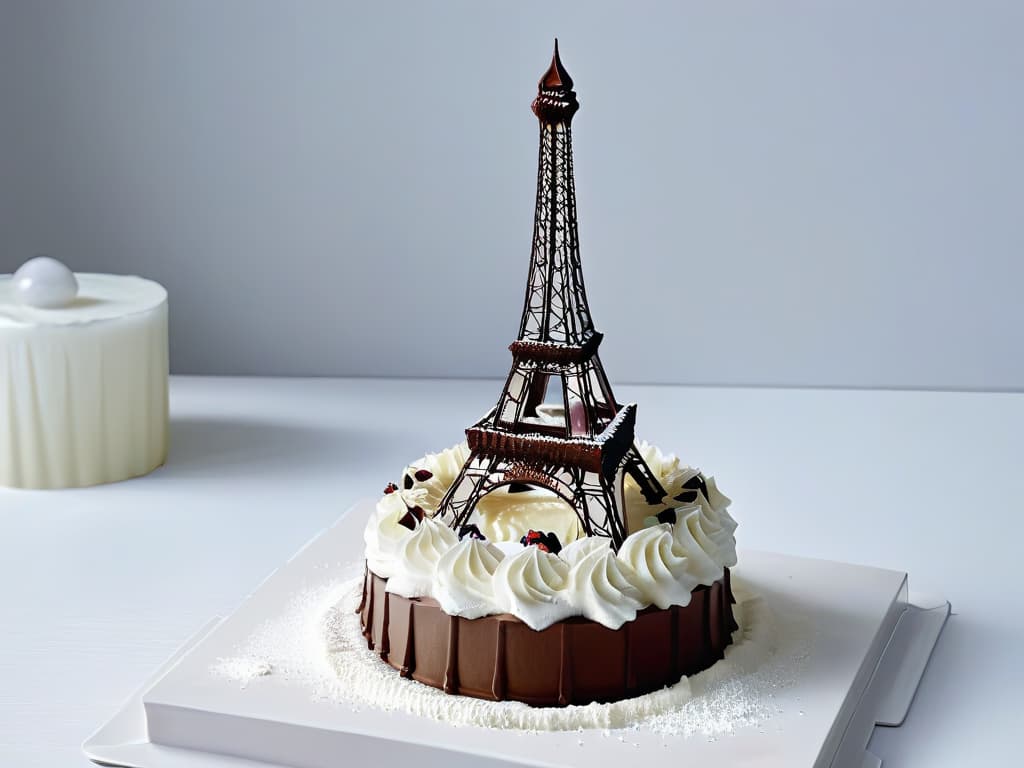  A minimalist dessert plating featuring a delicate chocolate Eiffel Tower replica surrounded by intricate spun sugar arches, set against a clean white backdrop with soft, natural lighting, highlighting the architectural details and precision of the dessert creation. hyperrealistic, full body, detailed clothing, highly detailed, cinematic lighting, stunningly beautiful, intricate, sharp focus, f/1. 8, 85mm, (centered image composition), (professionally color graded), ((bright soft diffused light)), volumetric fog, trending on instagram, trending on tumblr, HDR 4K, 8K