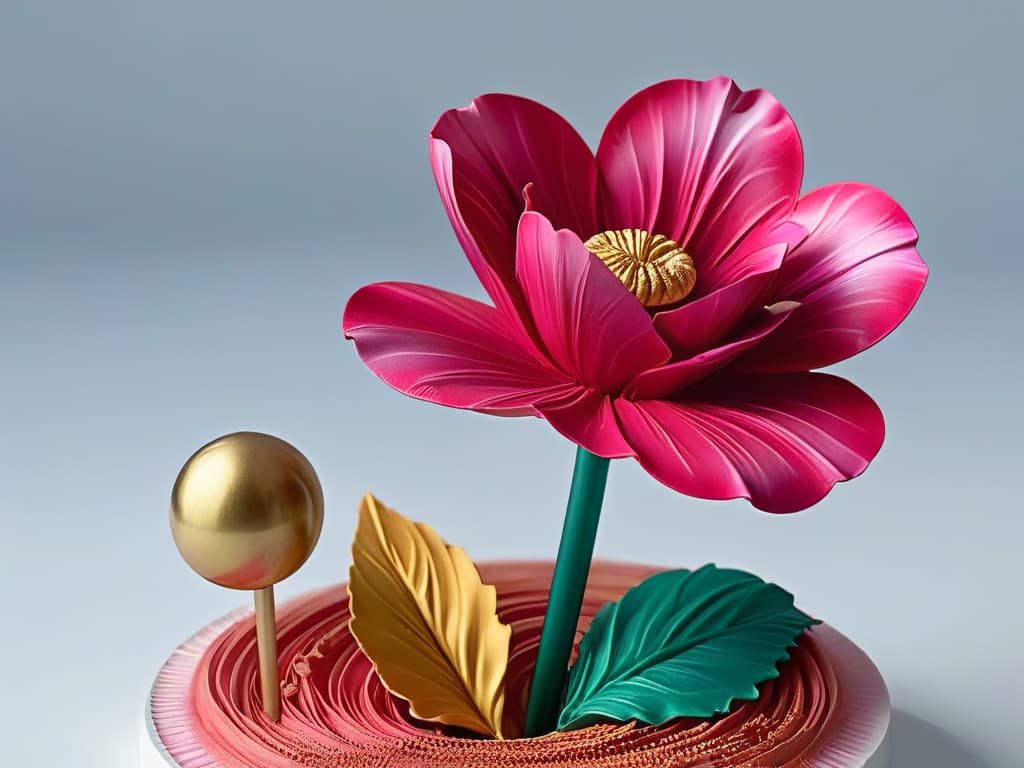  A closeup, ultradetailed image of a sugar sculpture resembling a delicate flower, intricately colored with vibrant shades of pink, purple, and gold. The sunlight hits the sculpture, creating a mesmerizing play of light and shadows on its smooth surface, highlighting every intricate detail of the craftsmanship. The colors pop against a clean, white background, emphasizing the elegance and artistry of the sugar creation. hyperrealistic, full body, detailed clothing, highly detailed, cinematic lighting, stunningly beautiful, intricate, sharp focus, f/1. 8, 85mm, (centered image composition), (professionally color graded), ((bright soft diffused light)), volumetric fog, trending on instagram, trending on tumblr, HDR 4K, 8K