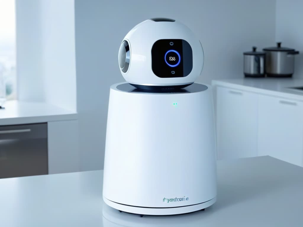  A closeup, ultrahighresolution image of a sleek, modern multifunctional kitchen robot in a pristine white color, showcasing intricate details like shiny metallic buttons and a digital display screen. The lighting is soft, highlighting the elegant design and advanced technology of the appliance, with a subtle reflection on the smooth surface to enhance the minimalist aesthetic. hyperrealistic, full body, detailed clothing, highly detailed, cinematic lighting, stunningly beautiful, intricate, sharp focus, f/1. 8, 85mm, (centered image composition), (professionally color graded), ((bright soft diffused light)), volumetric fog, trending on instagram, trending on tumblr, HDR 4K, 8K