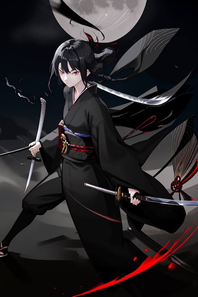  One, one , black kimono, black hair, black eyes, Japanese swords, long swords, hips, hold a sword, night, moon, serious expression, cooling face , Glowing eyes, small s, slender, imminent, running, cutting, riding, sprinting, stepping in, dust, wind, slashing