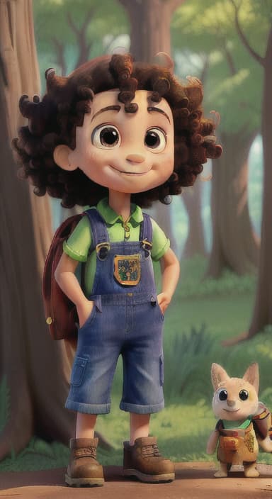  {The tree with a smiling face formed by its bark, looking down at Riley., Riley, a curious with big brown eyes and curly hair, wearing overalls and carrying a small backpack. Their friend, Skye, a bluebird with shiny feathers.