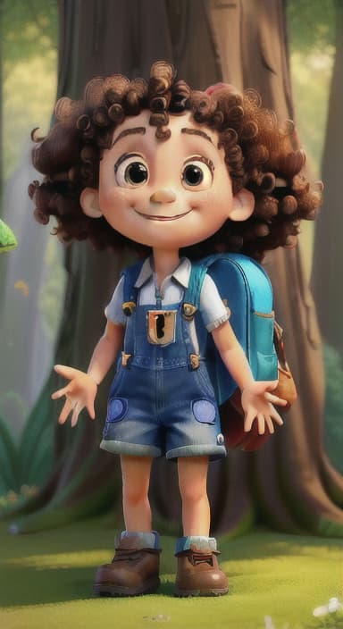  {The tree with a smiling face formed by its bark, looking down at Riley., Riley, a curious with big brown eyes and curly hair, wearing overalls and carrying a small backpack. Their friend, Skye, a bluebird with shiny feathers.