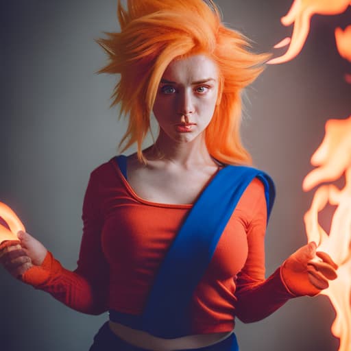 analog style Female super sayan, red goku kostüm. Perfekt body. Sayan hair, fire eyes, fire hands, high quality resolution hd