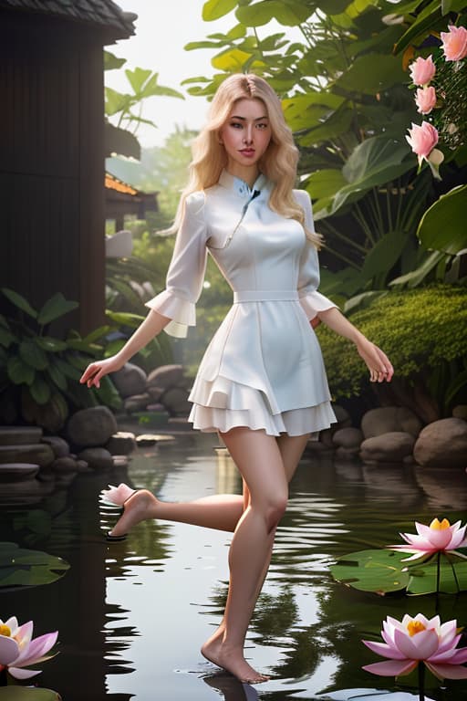  detailed and realistic portrait of a charming place asian maid , 堕马髻发髻,红色浴衣,锦鲤，multicolor mesmerizing eyes, reflective water, bare feet kicking water. soft natural lighting, portrait photography, magical photography, dramatic lighting, photo realism, ultra detailed, intimate portrait composition, lotus in background, Leica 50mm, f1. 4 long blonde disheveled hairs, multicolor mesmerizing eyes, dark fluffy dress, soft natural lighting, portrait photography, magical photography, dramatic lighting, photo realism, ultra detailed, intimate portrait composition, lotus flowers in background, Leica 50mm, f1. 4 hyperrealistic, full body, detailed clothing, highly detailed, cinematic lighting, stunningly beautiful, intricate, sharp focus, f/1. 8, 85mm, (centered image composition), (professionally color graded), ((bright soft diffused light)), volumetric fog, trending on instagram, trending on tumblr, HDR 4K, 8K