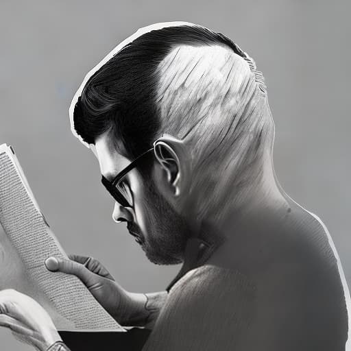 dublex style drawing, b&w, man in glasses, reading book, sitting, nature drawings skins the man, closeup