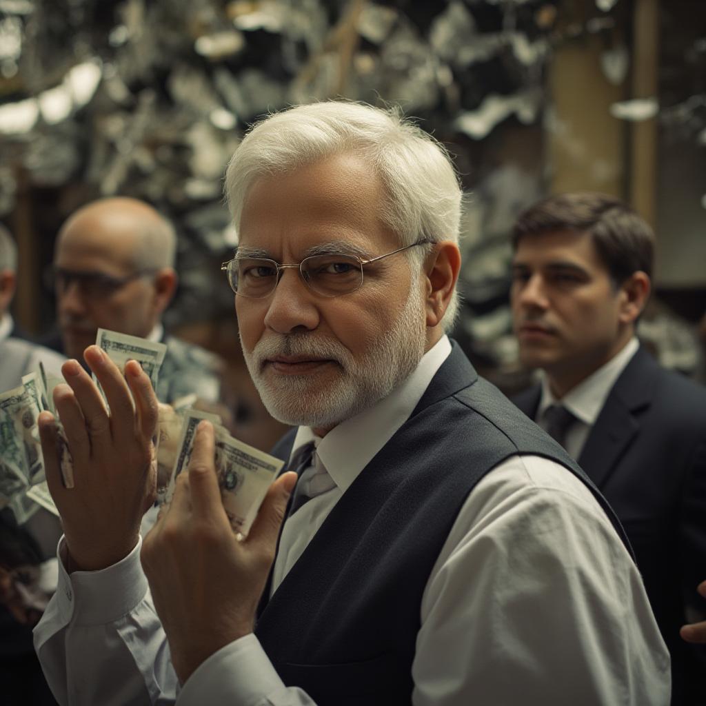  detail, photo, cinscene, dreamwalking highly realistic, narendra modi look like business man, background moneys