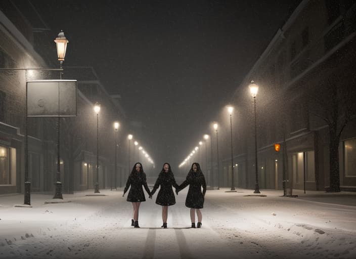  two girls, empty street, street lights, snowfall