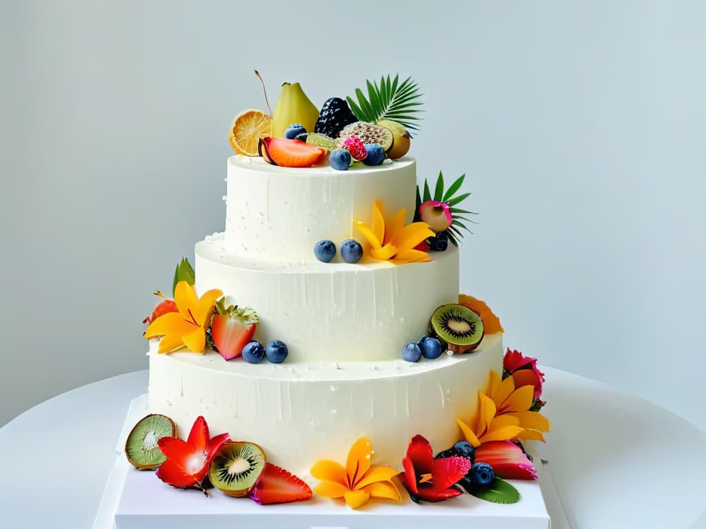  A closeup, ultradetailed image of a delicate wedding cake adorned with vibrant tropical flowers and exotic fruits, set against a pristine white backdrop. The intricate sugar craftsmanship of the flowers and fruits is mesmerizing, with every detail, from the dew drops on the petals to the glistening texture of the fruit slices, captured in stunning clarity. The colors pop against the white background, creating a visually striking and elegant composition that embodies the fusion of global wedding dessert traditions with a modern, minimalist aesthetic. hyperrealistic, full body, detailed clothing, highly detailed, cinematic lighting, stunningly beautiful, intricate, sharp focus, f/1. 8, 85mm, (centered image composition), (professionally color graded), ((bright soft diffused light)), volumetric fog, trending on instagram, trending on tumblr, HDR 4K, 8K