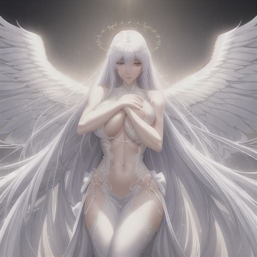  A man like an angel, very beautiful, with long white hair, bare , stomach and back, and long white wings, hugging a . Anime wallpaper hyperrealistic, full body, detailed clothing, highly detailed, cinematic lighting, stunningly beautiful, intricate, sharp focus, f/1. 8, 85mm, (centered image composition), (professionally color graded), ((bright soft diffused light)), volumetric fog, trending on instagram, trending on tumblr, HDR 4K, 8K