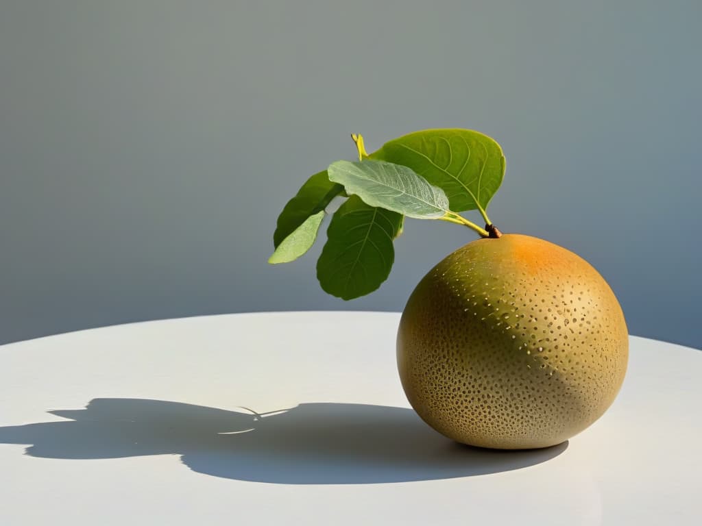  A closeup, ultradetailed image of a single ripe Monk fruit suspended in midair, showcasing its unique round shape, light brown speckled skin, and delicate stem. The background is blurred to draw attention to the intricate patterns on the fruit's surface, highlighting its natural beauty and organic appeal. hyperrealistic, full body, detailed clothing, highly detailed, cinematic lighting, stunningly beautiful, intricate, sharp focus, f/1. 8, 85mm, (centered image composition), (professionally color graded), ((bright soft diffused light)), volumetric fog, trending on instagram, trending on tumblr, HDR 4K, 8K