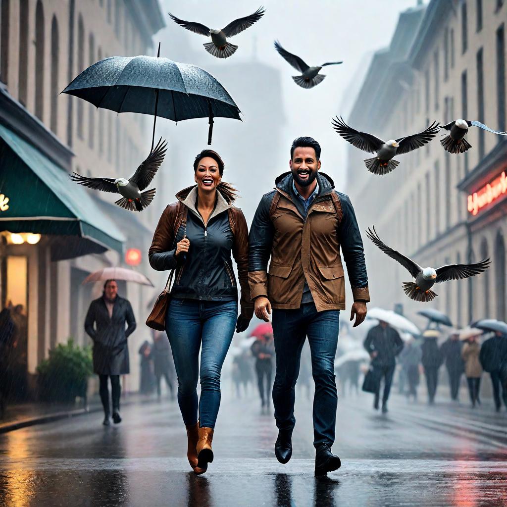  Happy birds flying on a rainy day. hyperrealistic, full body, detailed clothing, highly detailed, cinematic lighting, stunningly beautiful, intricate, sharp focus, f/1. 8, 85mm, (centered image composition), (professionally color graded), ((bright soft diffused light)), volumetric fog, trending on instagram, trending on tumblr, HDR 4K, 8K