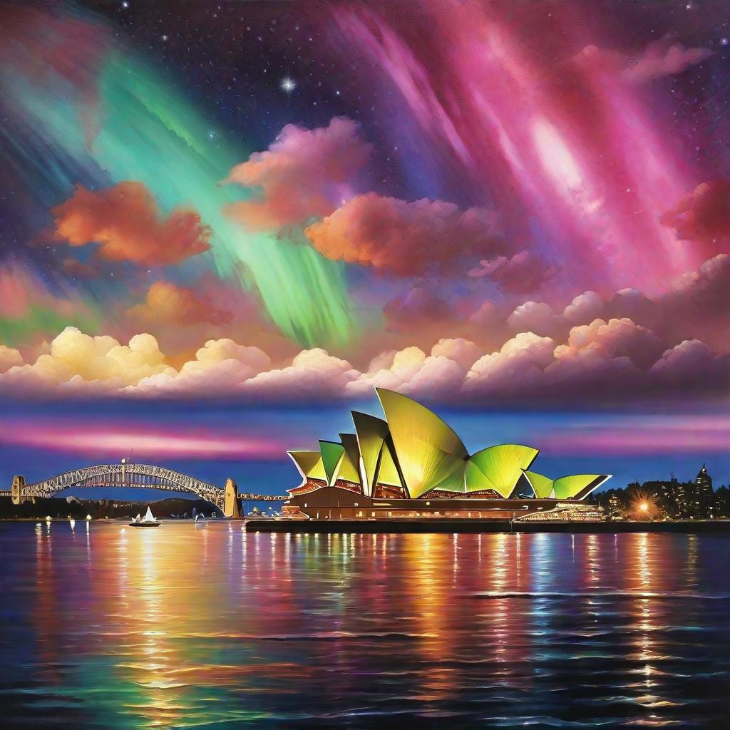  masterpiece, best quality, Sydney sky night aurora, opera house