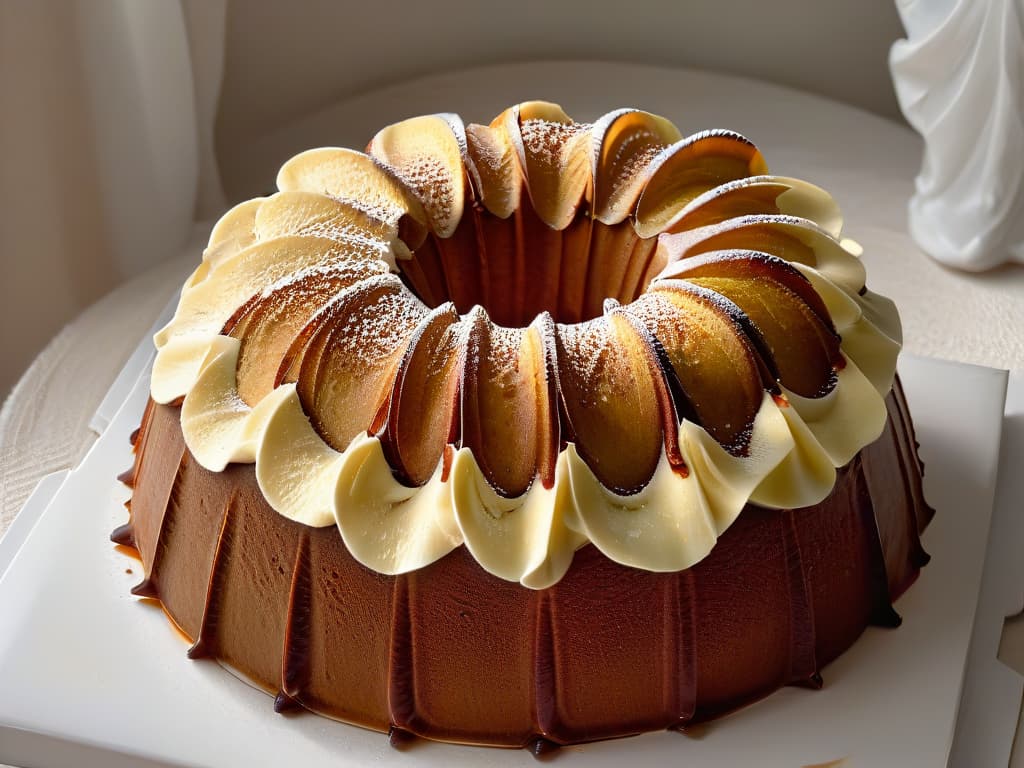  A closeup, ultradetailed image of a perfectly baked and flawlessly released bundt cake from an antiadherent mold, showcasing intricate details like delicate ridges and a glossy finish. hyperrealistic, full body, detailed clothing, highly detailed, cinematic lighting, stunningly beautiful, intricate, sharp focus, f/1. 8, 85mm, (centered image composition), (professionally color graded), ((bright soft diffused light)), volumetric fog, trending on instagram, trending on tumblr, HDR 4K, 8K