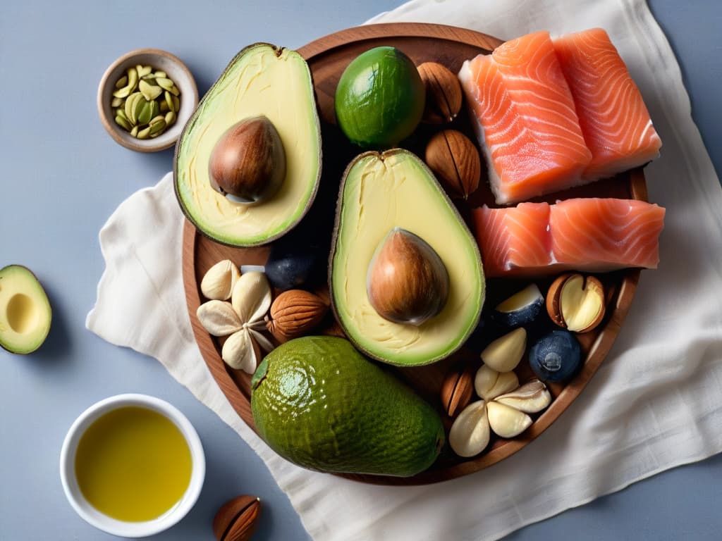  An ultradetailed image of a variety of hearthealthy fats and oils commonly used for baking, displayed in a sleek and modern minimalistic style. The image includes avocados, olive oil, nuts, seeds, and salmon, each meticulously detailed to highlight their health benefits and culinary uses. The background is a soft, neutral tone to enhance the professional and informative tone of the article. hyperrealistic, full body, detailed clothing, highly detailed, cinematic lighting, stunningly beautiful, intricate, sharp focus, f/1. 8, 85mm, (centered image composition), (professionally color graded), ((bright soft diffused light)), volumetric fog, trending on instagram, trending on tumblr, HDR 4K, 8K