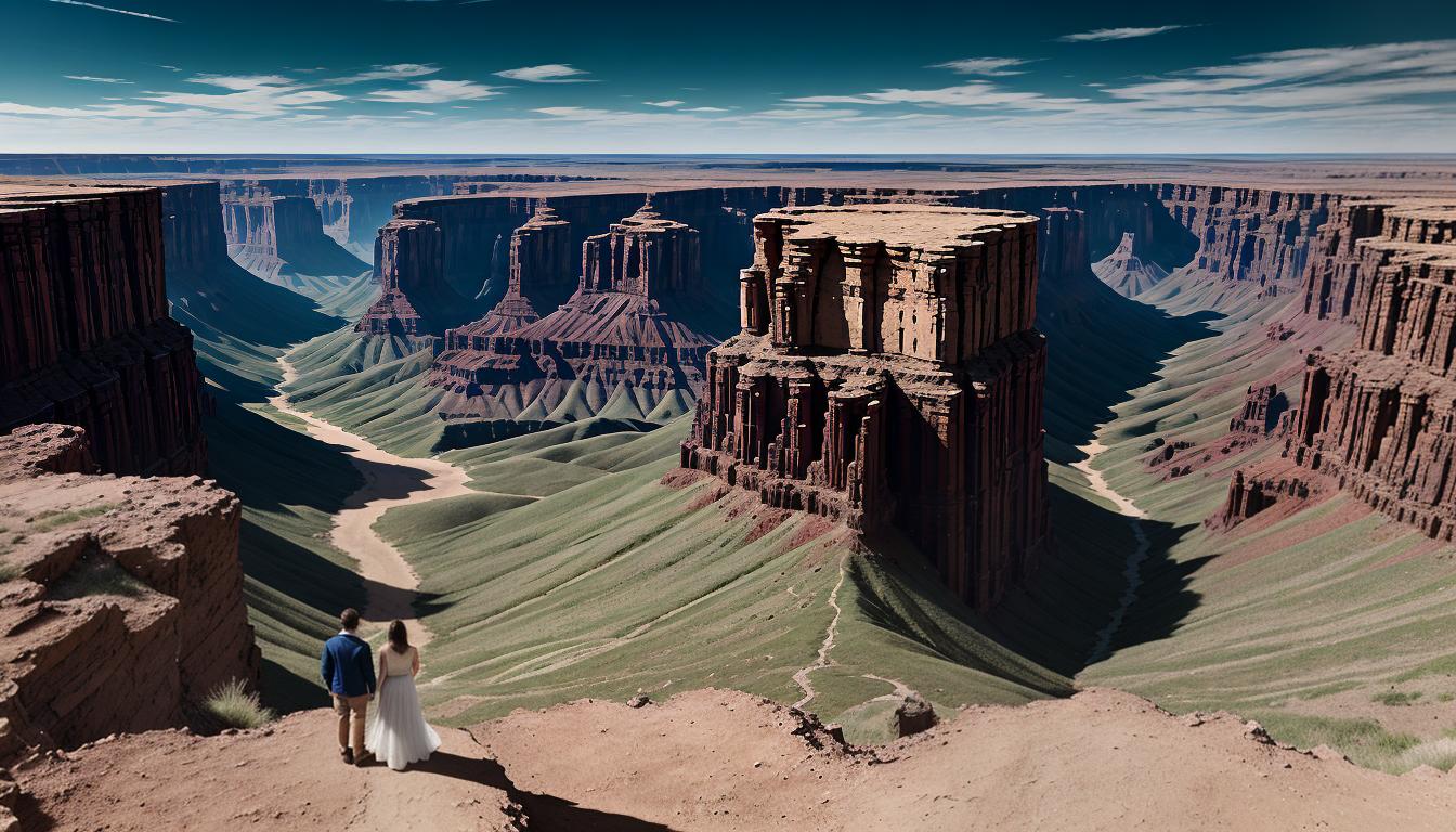  digital illustration, Lucas and Elise standing on either side of a widening chasm, reaching out but unable to connect, desolate landscape, sense of separation, emotional distance, looking at viewer, dynamic pose, (intricate details, masterpiece, best quality)