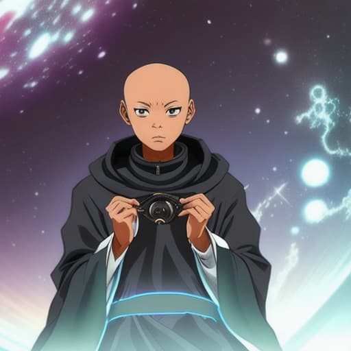  Sad cyber black anime monk in space