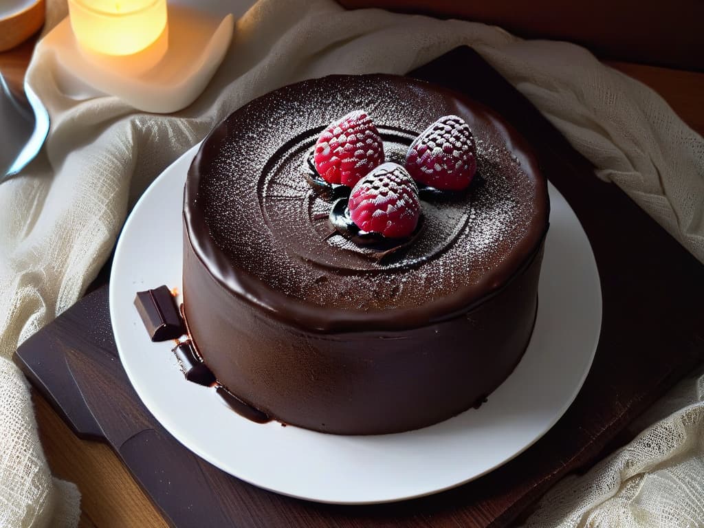  A sleek, minimalistic image of a perfectly symmetrical and smooth flourless chocolate cake placed on a simple, elegant white plate. The cake is topped with a single fresh raspberry, adding a pop of vibrant color against the rich dark chocolate. The lighting is soft, casting a gentle shadow beneath the dessert, enhancing its minimalist aesthetic. hyperrealistic, full body, detailed clothing, highly detailed, cinematic lighting, stunningly beautiful, intricate, sharp focus, f/1. 8, 85mm, (centered image composition), (professionally color graded), ((bright soft diffused light)), volumetric fog, trending on instagram, trending on tumblr, HDR 4K, 8K