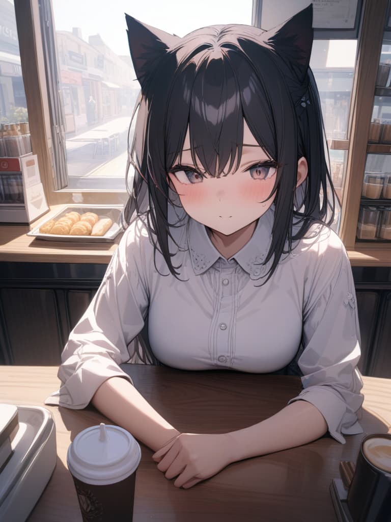  Cat ears, rooms, black hair, shortcuts, cafe clerk, face is front, body is horizontal, masterpiece, best quality,8k,ultra detailed,high resolution,an extremely delicate and beautiful,hyper detail