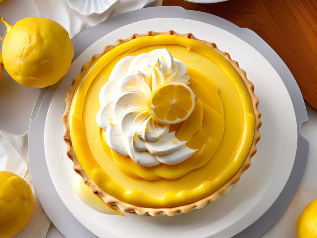  A closeup, ultradetailed image of a perfectly goldenbrown meringue topping on a zesty lemon tart, showcasing the light and fluffy texture of the meringue against the vibrant yellow lemon filling. The meringue peaks are carefully torched to a caramelized finish, with delicate wisps of steam rising from the stillwarm dessert. The glossy surface of the lemon curd reflects the ambient light, creating a visually striking contrast between the smooth curd and the cloudlike meringue peaks. This minimalistic composition focuses on the textures and colors of the dessert, evoking a sense of elegance and sophistication. hyperrealistic, full body, detailed clothing, highly detailed, cinematic lighting, stunningly beautiful, intricate, sharp focus, f/1. 8, 85mm, (centered image composition), (professionally color graded), ((bright soft diffused light)), volumetric fog, trending on instagram, trending on tumblr, HDR 4K, 8K