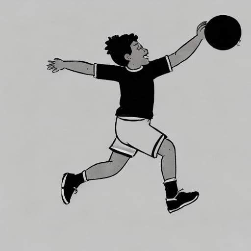  outline drawing of a cute jubilant youthful basketball athlete. Caucasian descent, is leaping towards a spherical basketball, all poised to earn a point. he make spirited efforts to reach the basketball backboard high off the ground. The drawing style is simple and minimalist without shading or background details. for kids coloring book