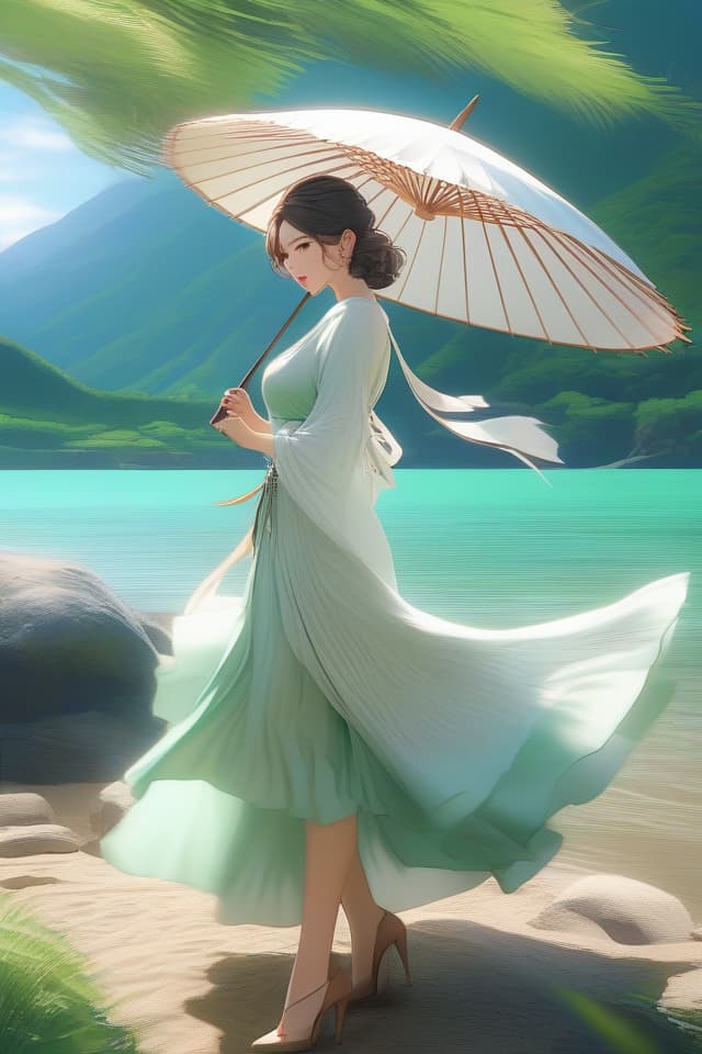  (綺麗なイラスト風)((Upper body only)) ilration style,beautiful ,masterpiece,beautiful hair,blue eyes,wearing summer dress,holding white parasol,walking on mountain,fresh green,mysterious emerald green lake,sandy beach,high quality,high resolution,8K, hyperrealistic, full body, detailed clothing, highly detailed, cinematic lighting, stunningly beautiful, intricate, sharp focus, f/1. 8, 85mm, (centered image composition), (professionally color graded), ((bright soft diffused light)), volumetric fog, trending on instagram, trending on tumblr, HDR 4K, 8K