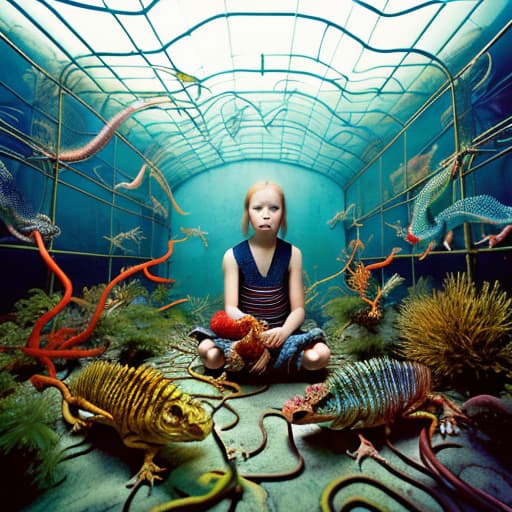  A young woman holding a coloured gecko and surrounded by striped rusty metal robotic fishes from a dstopian labyrinth , stable diffusion, absolute reality v1.6, perfect symmetry, photo realistic raw, in the style of jock sturges and David hamilton victorian era, atmospheric and wabi sabi look