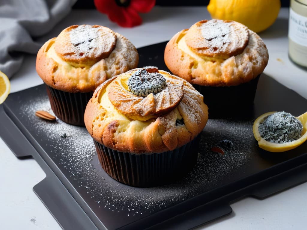  A closeup, ultradetailed image of a freshly baked lemon poppy seed muffin, showcasing the goldenbrown crust speckled with dark poppy seeds. The muffin is delicately topped with a light dusting of powdered sugar, set on a sleek, matte black plate against a soft, blurred background that highlights the intricate texture and delicate balance of flavors synonymous with the use of poppy seeds in baking. hyperrealistic, full body, detailed clothing, highly detailed, cinematic lighting, stunningly beautiful, intricate, sharp focus, f/1. 8, 85mm, (centered image composition), (professionally color graded), ((bright soft diffused light)), volumetric fog, trending on instagram, trending on tumblr, HDR 4K, 8K