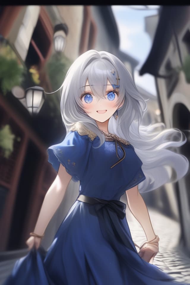  (Close up the upper body) Saint, Masterpiece, Beautiful Silver Hair, Blue Eye Color, Smiling Face, (in a long Dark Blue Rustic Dress) Old Town, Cobblestone Streets.