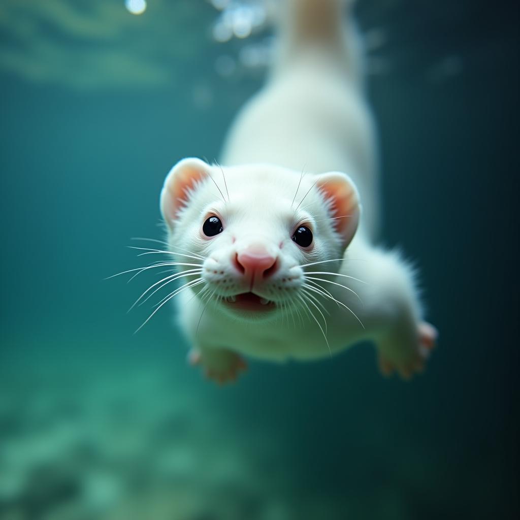  good quality, high quality, a white ferret swims underwater, looking directly at the camera with a playful expression