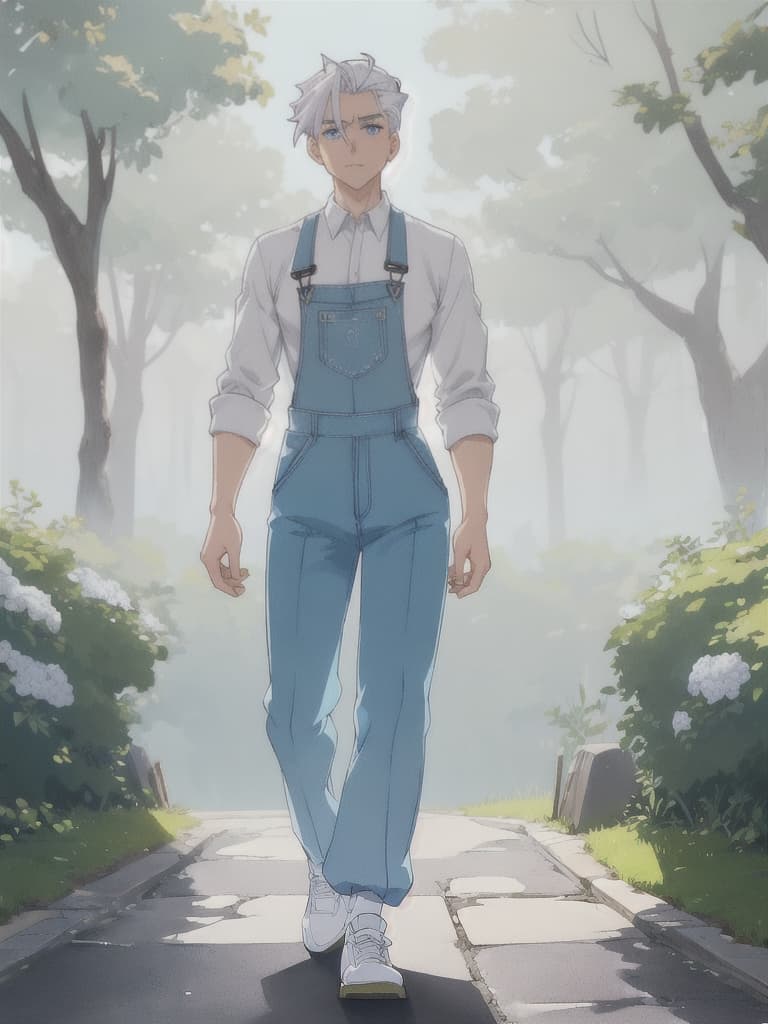  (masterpiece, best quality, anime cartoon man), (caucasian ethnicity, pale skin), young, wide body, blue eyes, slicked back hair, white hair, overalls white shirt clothing ,walking in park, style of makoto shinkai, style of Masamune Shirow hyperrealistic, full body, detailed clothing, highly detailed, cinematic lighting, stunningly beautiful, intricate, sharp focus, f/1. 8, 85mm, (centered image composition), (professionally color graded), ((bright soft diffused light)), volumetric fog, trending on instagram, trending on tumblr, HDR 4K, 8K