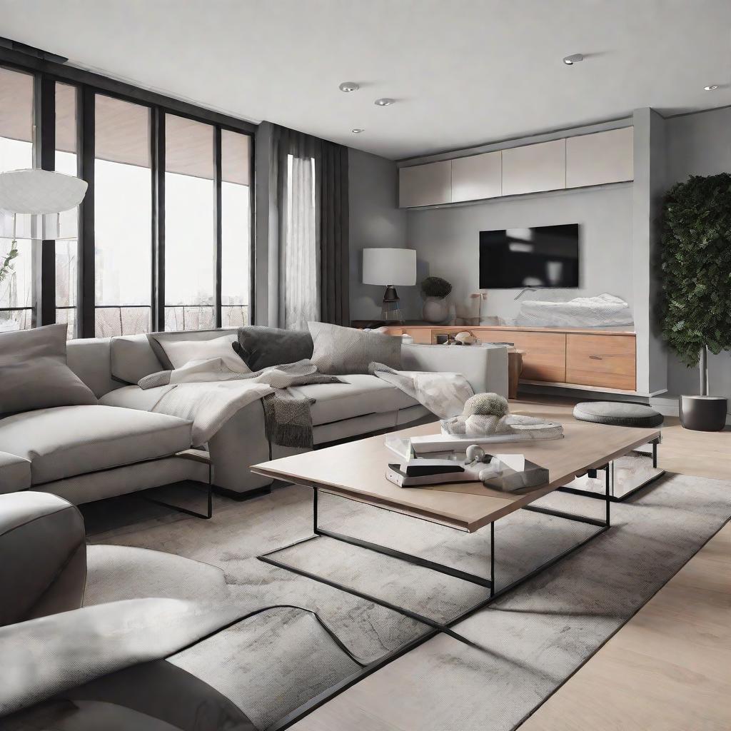  masterpiece, best quality, Best Quality, Masterpiece, 8k resolution,high resolution concept art of an apartment living room with floor to ceiling windows and modern furniture