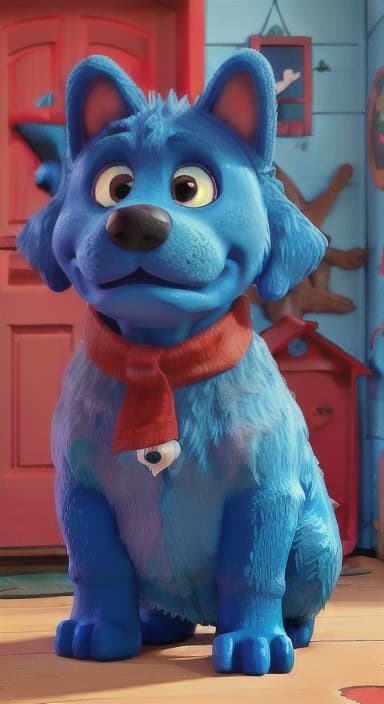  {Max the big blue dog standing in front of a cozy little house with a red door, The big blue dog is large with sky blue fur, big round eyes, a black nose, and floppy ears.