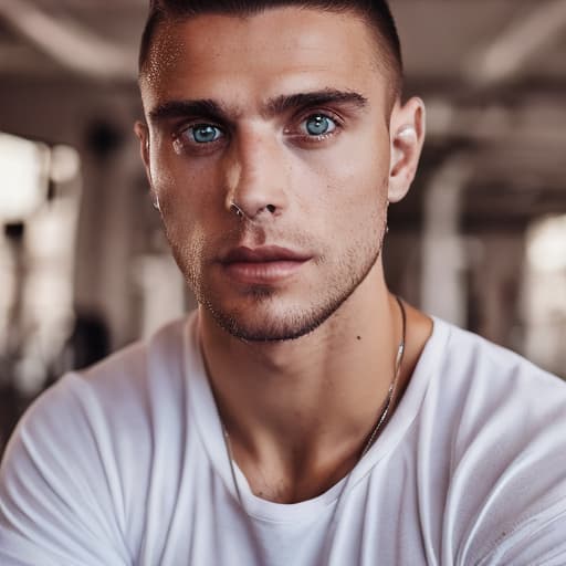 portrait+ style Russian queer fitness model brunette hunk dude face