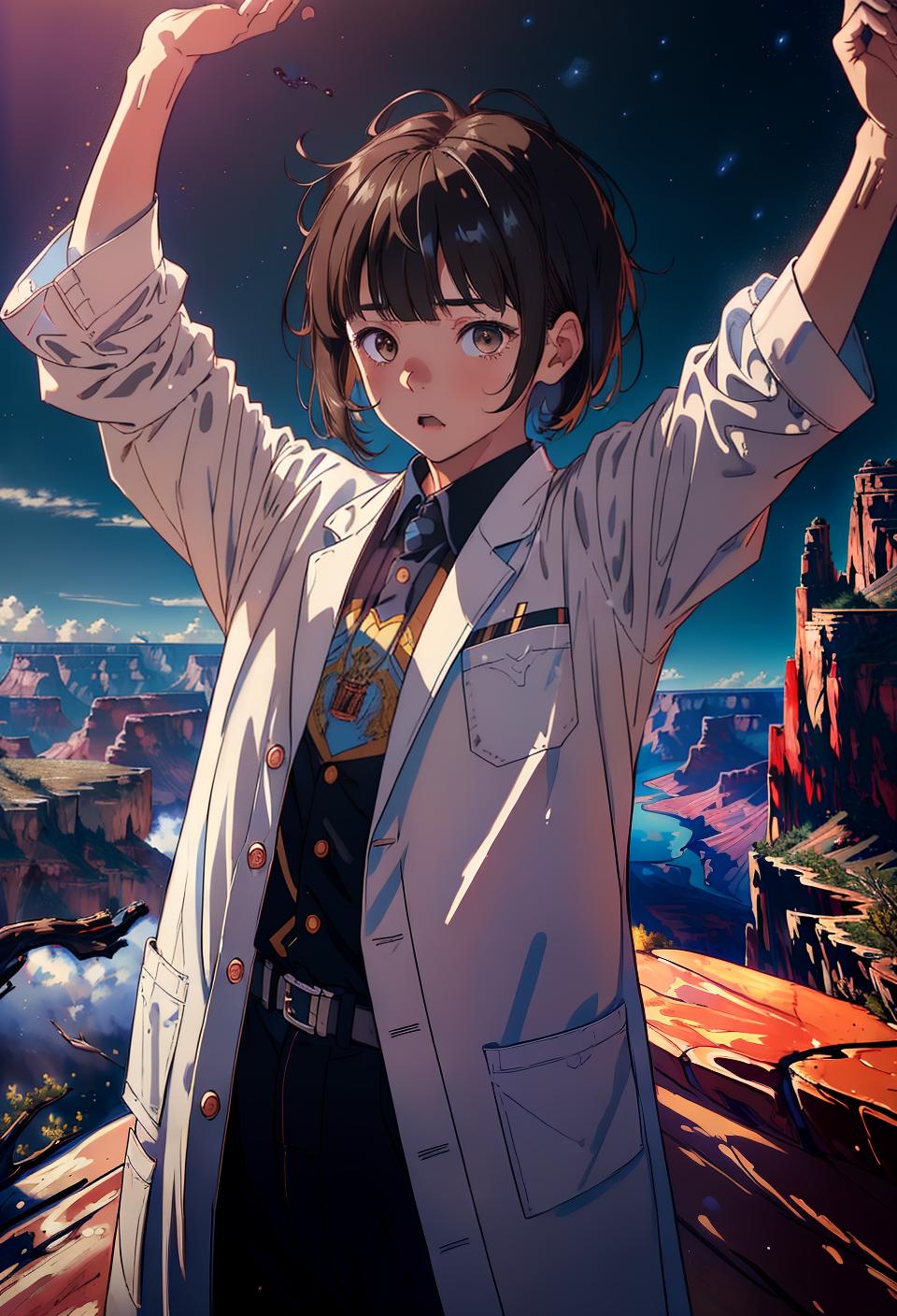  ((trending, highres, masterpiece, cinematic shot)), 1boy, young, male lab coat, Grand Canyon scene, medium-length straight brown hair, blunt bangs, large amber eyes, lazy personality, sleepy expression, fair skin, lively, limber