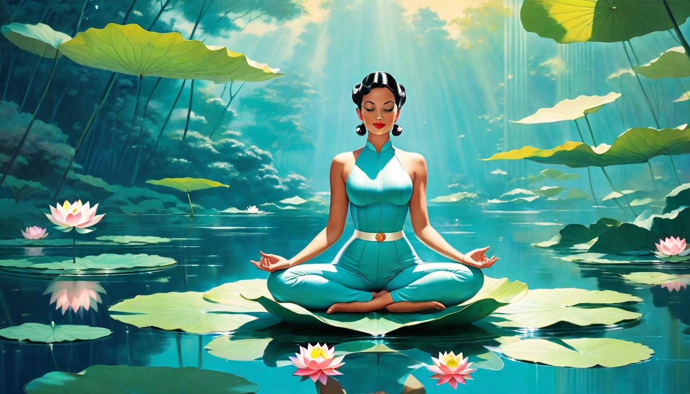  retro futuristic A serene figure seated in lotus position on a floating leaf in a tranquil pond, embodying deep reflection and meditation. Calm waters, reflective, serene solitude. lvintage sci fi, 50s and 60s style, atomic age, vibrant, highly detailed