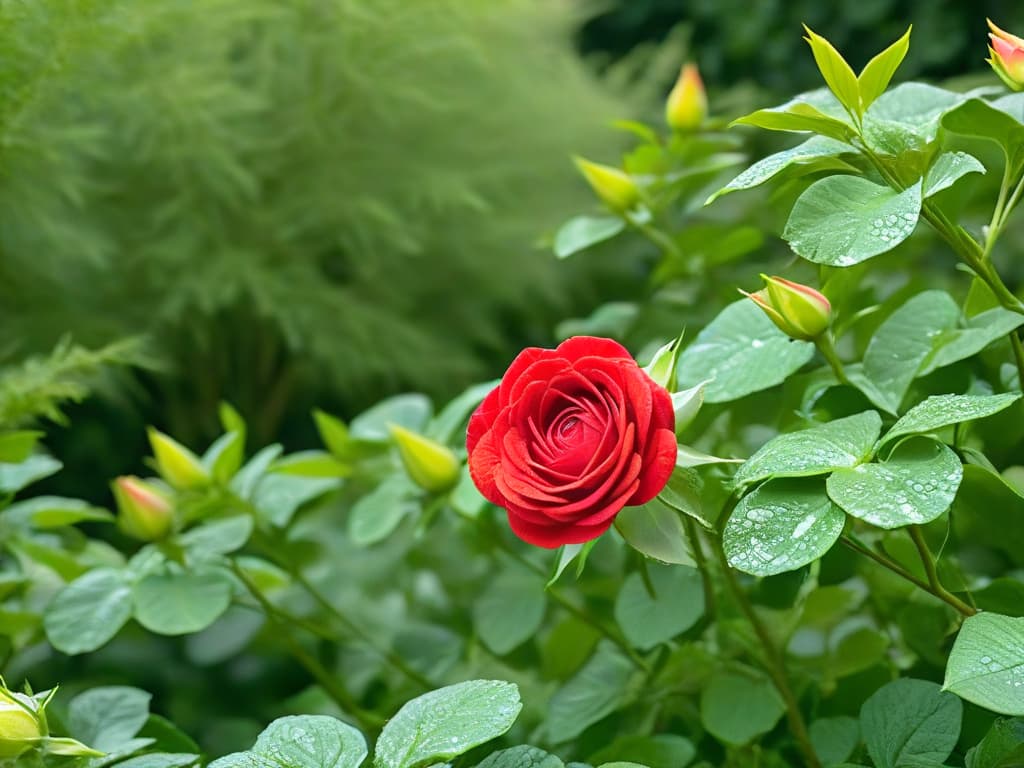  A stunning, minimalistic image of a single, vibrant red rose blooming against a backdrop of lush green foliage. The intricate details of the rose petals are captured with crystal clarity, showcasing the delicate beauty of nature in its purest form. hyperrealistic, full body, detailed clothing, highly detailed, cinematic lighting, stunningly beautiful, intricate, sharp focus, f/1. 8, 85mm, (centered image composition), (professionally color graded), ((bright soft diffused light)), volumetric fog, trending on instagram, trending on tumblr, HDR 4K, 8K