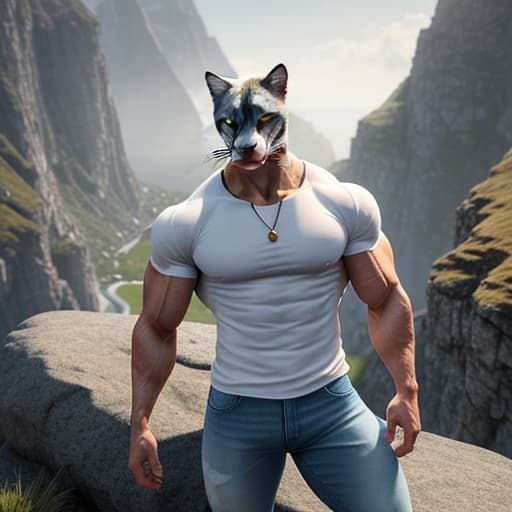  Create a 3D ultra HD quality and hyper-realistic image of the scene: a white, muscular bodybuilder anthropomorphic cat(wearing blue half jeans and a white t-shirt) lying on the ground, The scene outdoors on a mountain cliff with an ocean visible in the background. hyperrealistic, full body, detailed clothing, highly detailed, cinematic lighting, stunningly beautiful, intricate, sharp focus, f/1. 8, 85mm, (centered image composition), (professionally color graded), ((bright soft diffused light)), volumetric fog, trending on instagram, trending on tumblr, HDR 4K, 8K