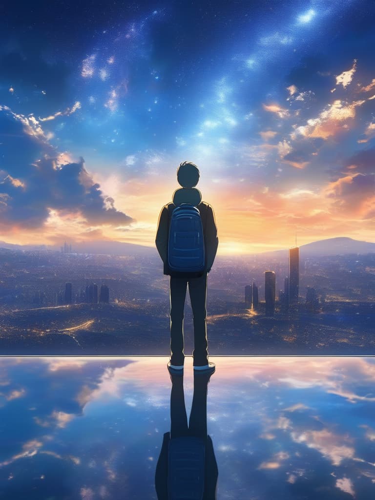  The background is the city of the city, the sky is a starry sky, the sunset is a little visible, a man looks up at the back, the back, the back, the back of the night sky., masterpiece, best quality,8k,ultra detailed,high resolution,an extremely delicate and beautiful,hyper detail