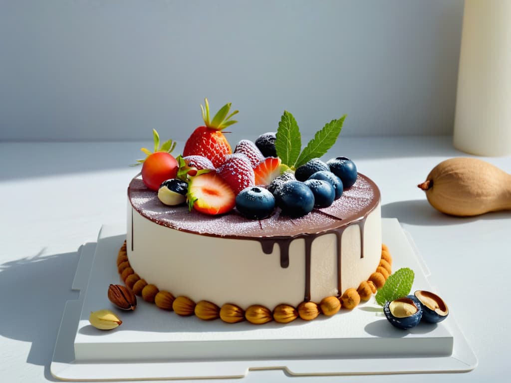  An intricately designed minimalist image of a colorful array of vegan desserts, showcasing a variety of textures and ingredients such as fresh fruits, nuts, and dairyfree chocolate, all elegantly arranged on a sleek marble platter. hyperrealistic, full body, detailed clothing, highly detailed, cinematic lighting, stunningly beautiful, intricate, sharp focus, f/1. 8, 85mm, (centered image composition), (professionally color graded), ((bright soft diffused light)), volumetric fog, trending on instagram, trending on tumblr, HDR 4K, 8K