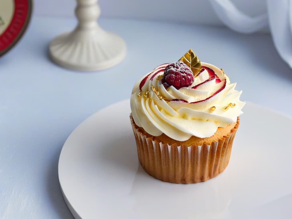  A closeup, highresolution image of a delicate and intricately designed sugarfree cupcake with a swirl of sugarfree frosting on top, adorned with a single fresh raspberry and a dusting of edible gold flakes. The cupcake sits on a sleek, modern white plate against a soft, blurred background to emphasize the exquisite details and craftsmanship of the dessert. hyperrealistic, full body, detailed clothing, highly detailed, cinematic lighting, stunningly beautiful, intricate, sharp focus, f/1. 8, 85mm, (centered image composition), (professionally color graded), ((bright soft diffused light)), volumetric fog, trending on instagram, trending on tumblr, HDR 4K, 8K