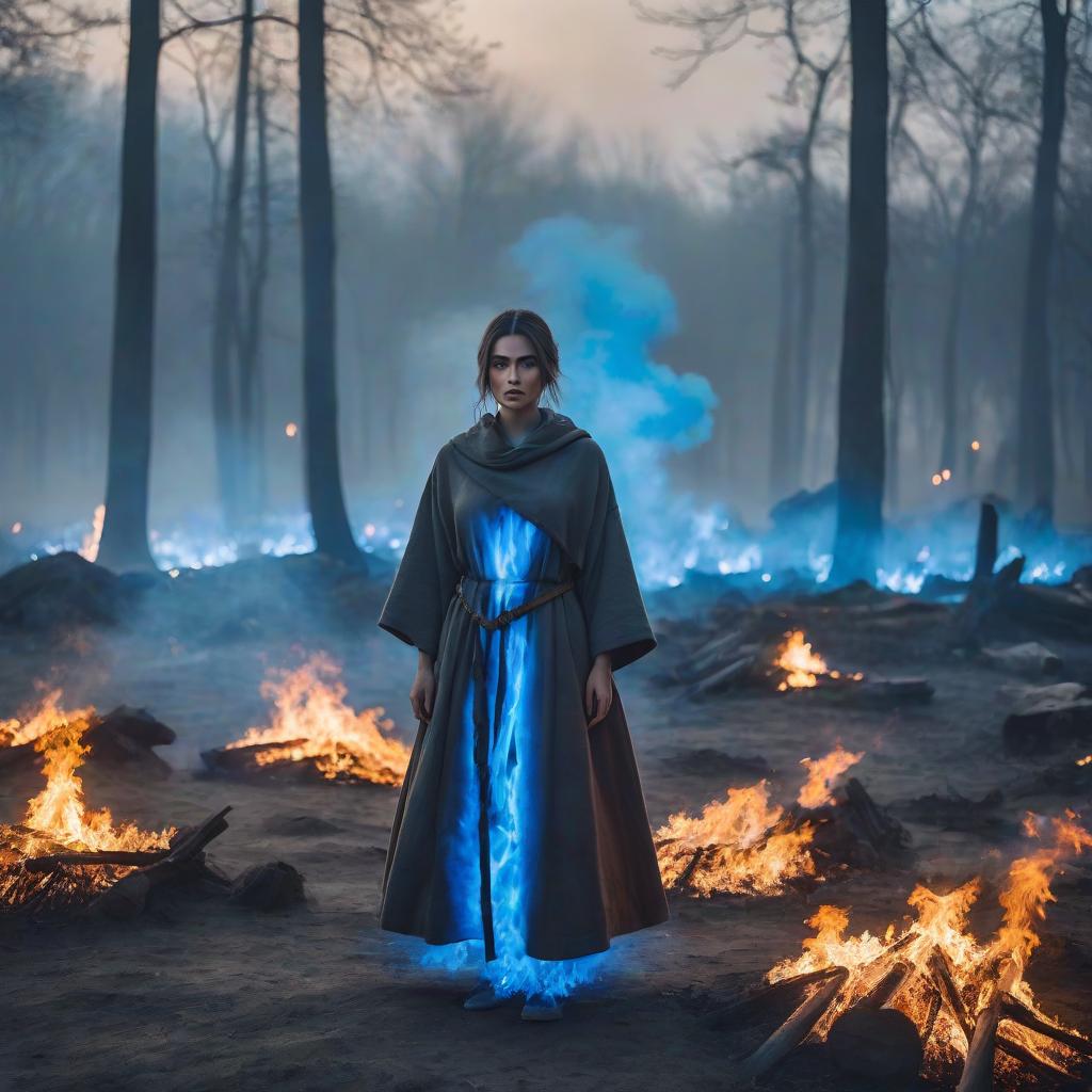  a lonely girl in a monk's robe stands on a battlefield burning with magical blue fire, looking into the frame with horror hyperrealistic, full body, detailed clothing, highly detailed, cinematic lighting, stunningly beautiful, intricate, sharp focus, f/1. 8, 85mm, (centered image composition), (professionally color graded), ((bright soft diffused light)), volumetric fog, trending on instagram, trending on tumblr, HDR 4K, 8K