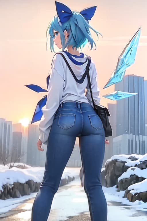  Cirno, from behind, jeans, bent over, ice wings, skinny