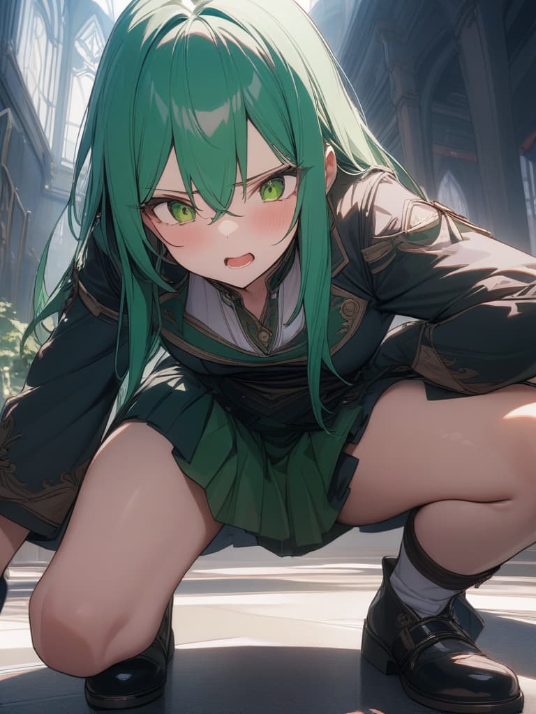  Victorian dynasty of green hair character, spreading your legs and squatting, shouting, masterpiece, best quality,8k,ultra detailed,high resolution,an extremely delicate and beautiful,hyper detail