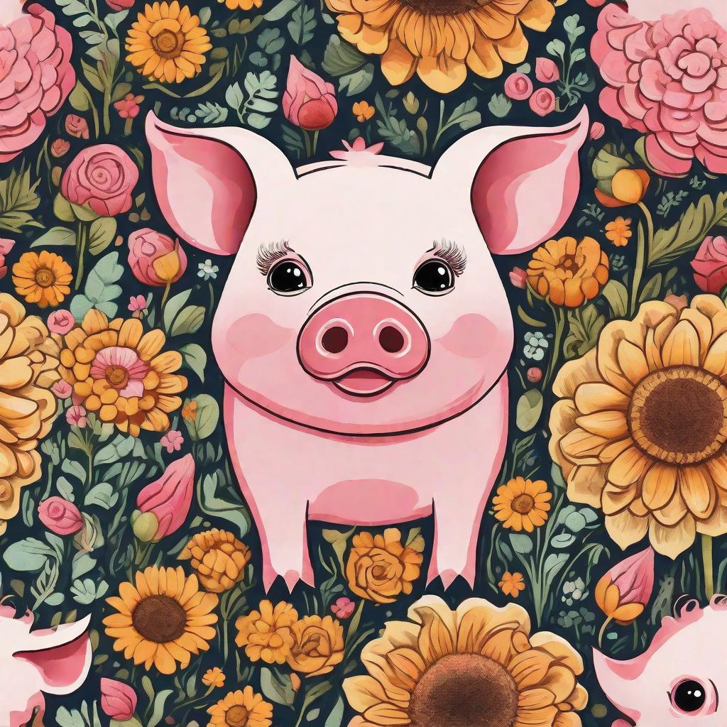  masterpiece, best quality, A pink cute pig with curly tail and round, expressive eyes is nestled in a of vint flowers. The environment is a whimsical garden filled with blooming roses, daisies, and sunflowers. The mood is and joyful, evoking a sense of innocence and charm. The style is a colorful and whimsical ilration, reminiscent of a ren's storybook. Soft and warm natural lighting highlights the pig's features and brings out the vint colors of the flowers. The realization is an ilration created using digital art tools, with attention to detail in capturing the pig's expressions and the intricate textures of the flowers.